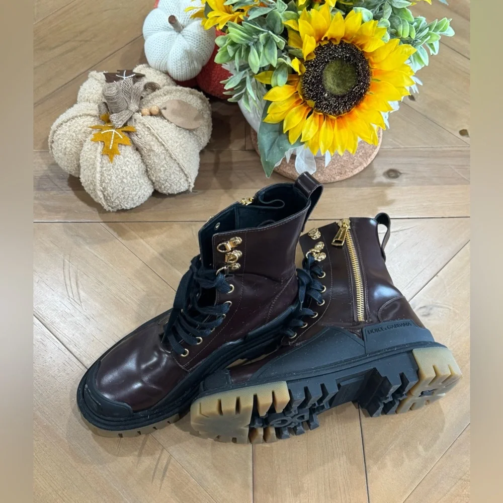 Dolce & Gabbana Brown Black Leather Boots Zipper Lace Up Men's Shoes